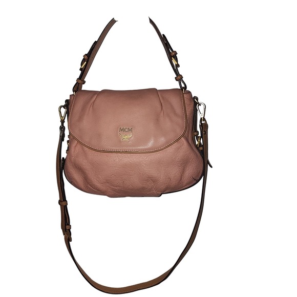 MCM Handbags - MCM Pink Leather Pleated Flap Crossbody Bag Gold Logo Tan Trim Shoulder Bag